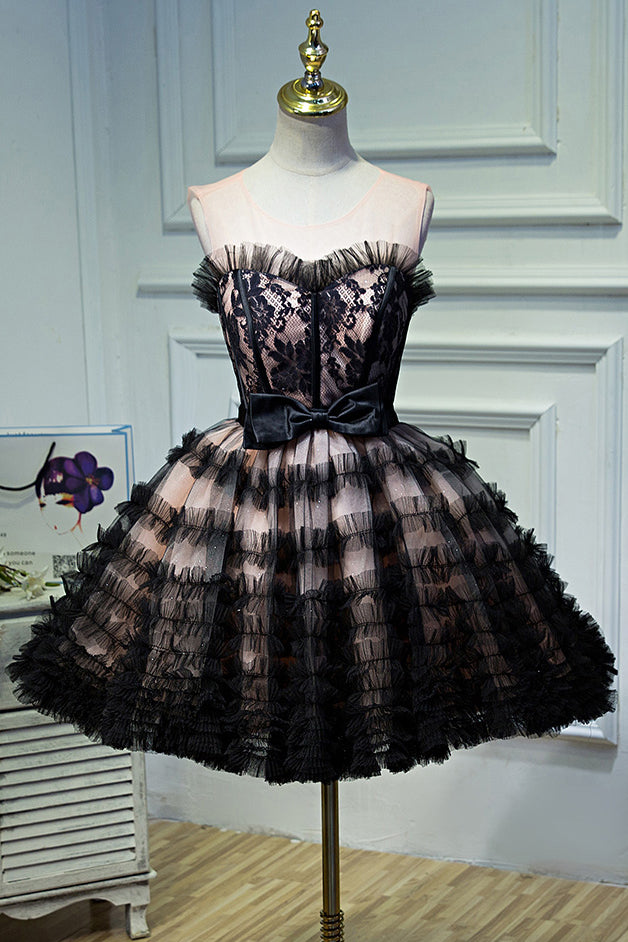 Round Neck Open Back Black and Pink Bowknot Lace up Homecoming Dresses with Tulle H1130