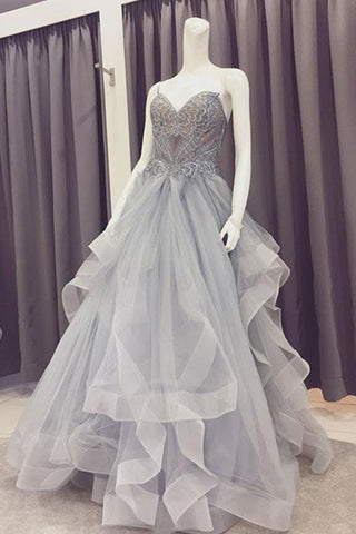 A Line Sweetheart Beads Organza Gray Lace Appliques Strapless Cheap Prom Dresses uk PH818