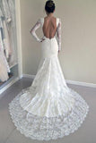 Long Sleeves Open Back Lace Appliques Scoop Mermaid Long Beach Wedding Dresses uk PH844