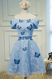 Cute A Line Sky Blue Lace Butterfly Appliques Off the Shoulder Homecoming Dresses uk PH977