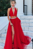 A Line Red Two Pieces V Neck Beads High Neck Slit Tulle Long Prom Dresses uk PW57