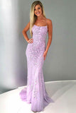 Sexy Mermaid Spaghetti Straps Lilac Tulle Lace Prom Evening Dresses uk with Appliques PW73