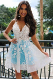 A Line Spaghetti Straps Blue Applique Short Prom Dresses Homecoming Dresses SX66511