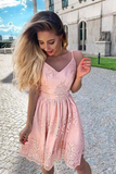 Charming A Line V-neck Spaghetti StrapsBlush Pink Lace Homecoming Dresses SX66555
