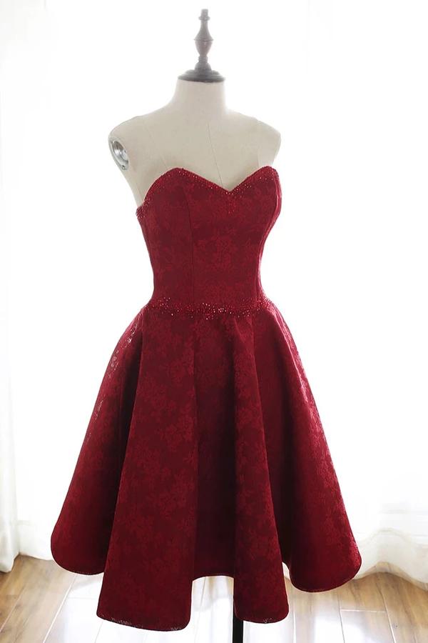 A Line Burgundy Sweetheart Lace Short Prom Dresses Homecoming Dresses SX66513