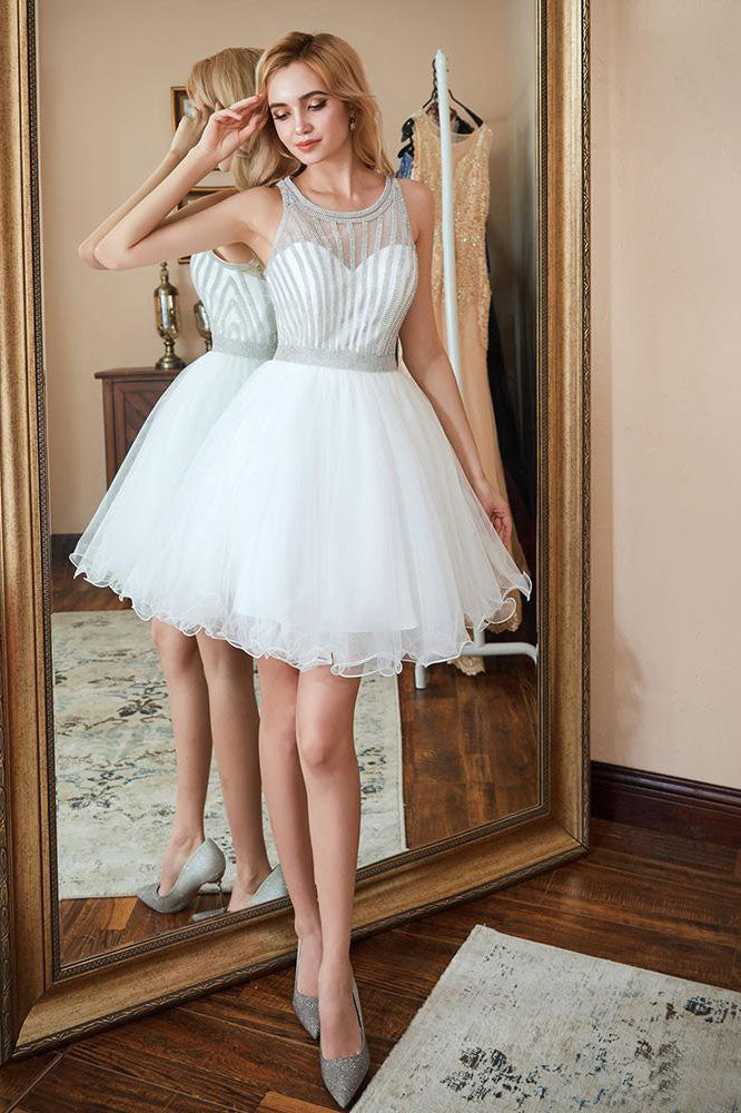 Scoop A Line White Homecoming Dresses, Sequins Above Knee Tulle Short Prom Dresses H1100