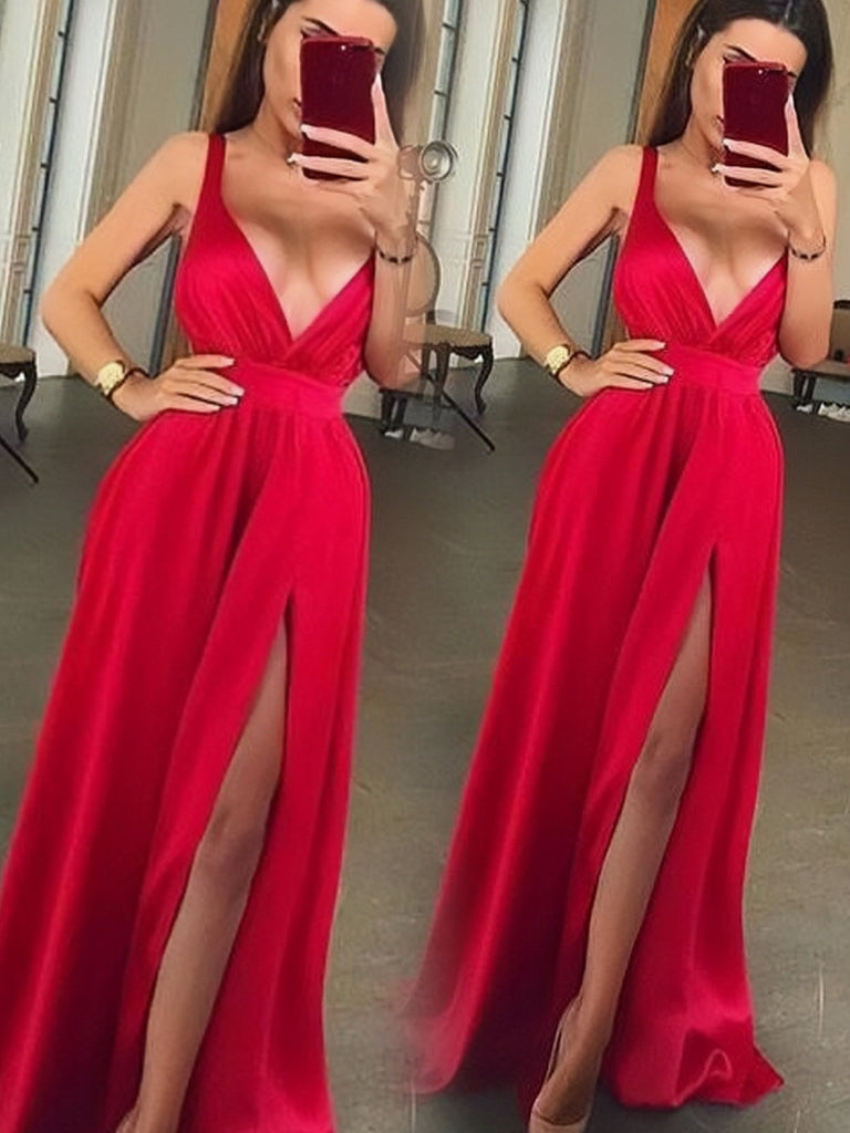 Sexy V-Neck Chiffon Long Red Prom Dresses with Split Slit P1054
