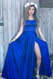 Sexy A line Blue Prom Dresses with High Slit, Criss Cross Sleeveless Evening Dresses PW732