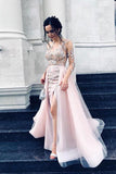Sexy Long Sleeve Pink Tulle Lace Appliques Mermaid Prom Dresses, Evening Dresses P1128