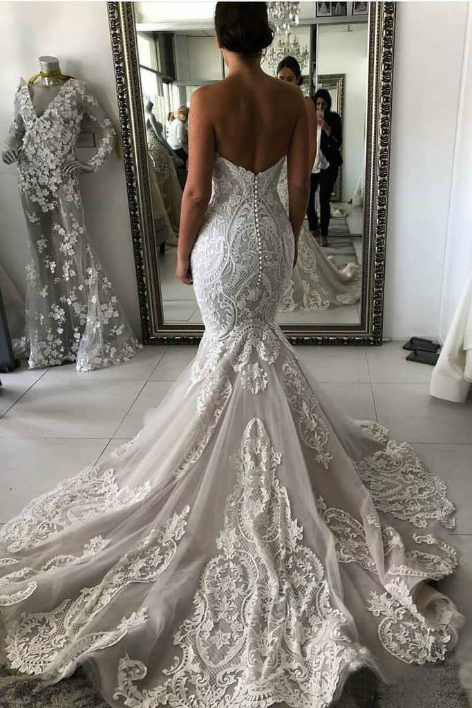 Sexy Mermaid Ivory Lace Appliques Backless Wedding Dresses, Wedding Gowns W1011
