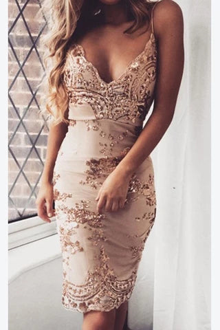 Sexy Mermaid Rose Gold Spaghetti Straps Knee Length Homecoming Dresses with Lace H1184