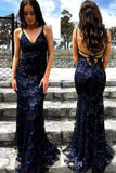 Sexy Mermaid Lace Spaghetti Straps Navy Blue Backless Long Prom Dress P1099