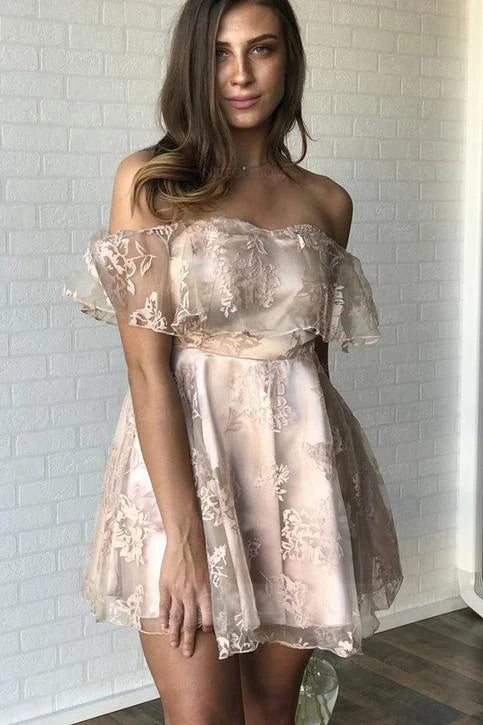 Sexy Off the Shoulder Lace Appliques Homecoming Dresses Short Prom Dresses H1283
