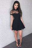 Sexy Short Sleeve Black High Neck Homecoming Dresses, Short Prom Dresses with Chiffon H1092