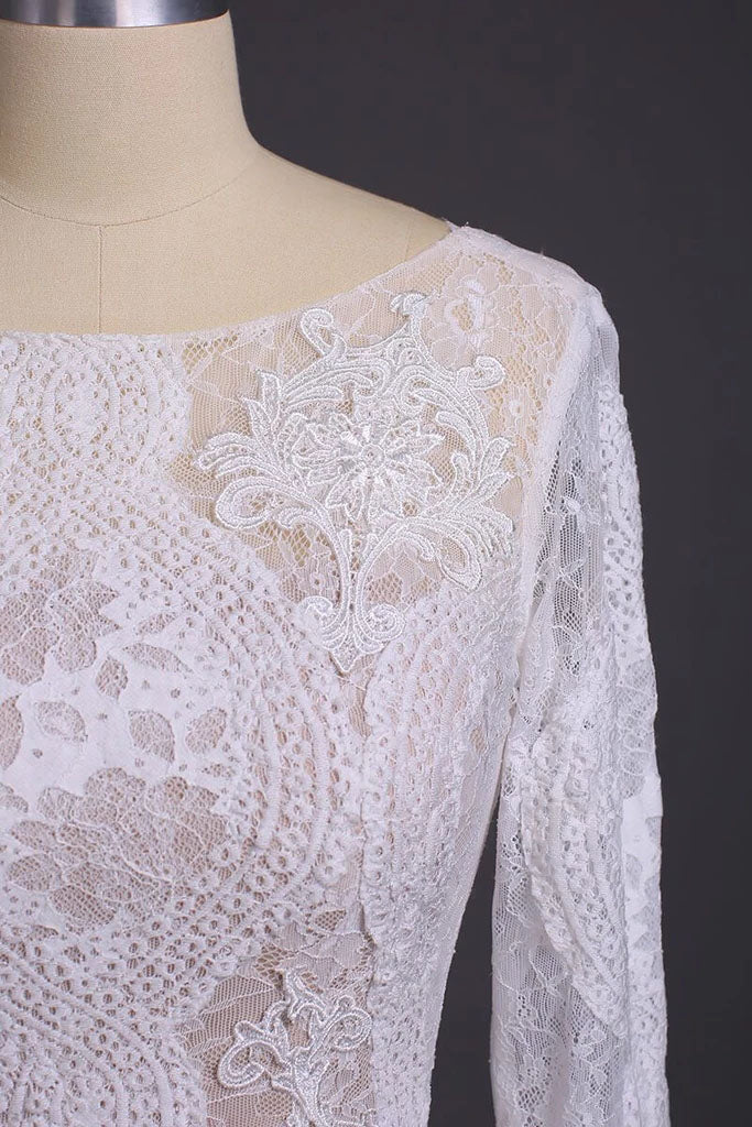 Sheath Long Sleeve Ivory Lace Wedding Dresses See Through Backless Boho Bridal Dresses W1063