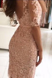 Sheath Pink Lace Appliques Beads Homecoming Dresses with Half Sleeve Prom Dresses PW833