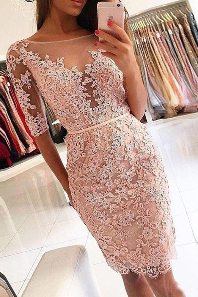 Sheath Pink Lace Appliques Beads Homecoming Dresses with Half Sleeve, Prom Dresses PW833