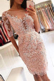 Sheath Pink Lace Appliques Beads Homecoming Dresses with Half Sleeve, Prom Dresses PW833