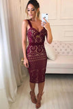 Sheath Spaghetti Straps V Neck Burgundy Knee Length Homecoming Dresses, Bridesmaid Dress P1084