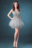 Short Sexy See Through Lace Tulle Gray Homecoming Dresses with Sequins, Party Dresses H1147