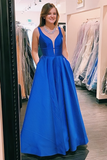 Simple A Line Sleeveless Satin V-Neck Long Prom Dress with Pockets PD12