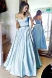 Simple A-Line Off the Shoulder Blue Long Sweetheart Prom Dress with Pockets PW623