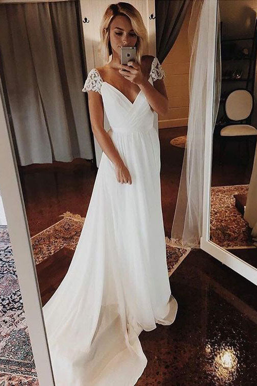 Simple A Line Chiffon Wedding Dresses Cap Sleeve V Neck Bohemian Beach Bridal Gowns W1038