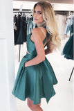 Simple A Line Open Back Dark Green Halter Short Homecoming Dress With Pockets H1278