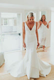 Deep V-Neck Sweep Train Mermaid Satin Wedding Dress Long Bridal Gowns PW996