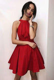 Simple Red Halter Satin Homecoming Dresses, Above Knee Sleeveless Cocktail Dresses H1069