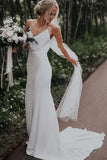 Simple Spaghetti Straps Mermaid Beach Wedding Dresses V Neck Satin Boho Bridal Dresses W1041