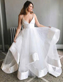 Spaghetti Straps V Neck Wedding Dresses Tulle Ruffles Backless Bridal Gowns W1007