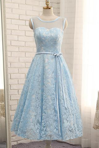 Simple Tea Length Light Blue Lace Homecoming Dress with Belt,Short Prom Dress H1042