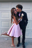 V-Neck Straps Short Pink Homecoming Dresses Backless Satin Sweet 16 Dresses H1210