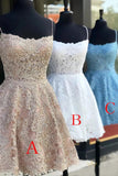 Spaghetti Straps Backless Lace Homecoming Dresses Short Lace Graduation Dresses H1213