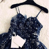 Spaghetti Straps Navy Blue Tulle Sweetheart Homecoming Dresses Short Prom Dresses PW755