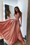 Spaghetti Straps Pink V Neck Prom Dresses Lace and Beaded Prom Dress with Slit PW741