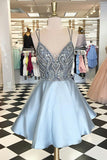Spaghetti Straps V-Neck Above Knee Grey Satin Homecoming Dress with Beads Pockets H1301