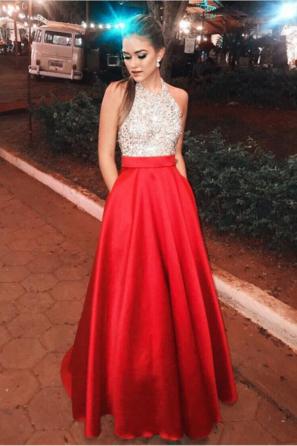 Sparkly Open Back Halter Beading Red Long Prom Dresses with Pockets Party Dresses PW403