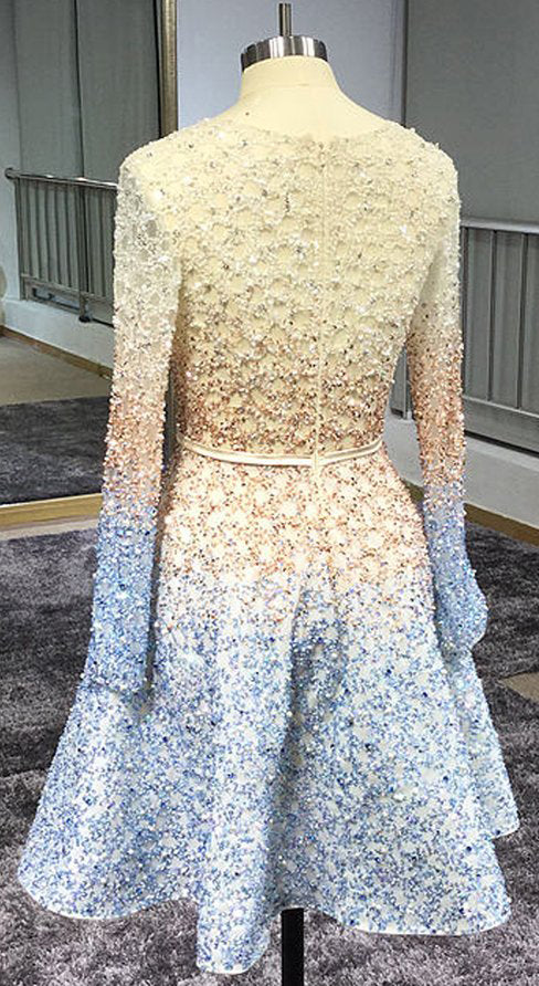Stunning Beaded Sequins Long Sleeve V-Neck Homecoming Dresses Short Prom Dresses H1083