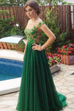 A Line Appliques Cheap Sweetheart Round Neck Green Tulle Long Prom Dresses uk PW54