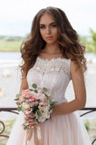 A Line Nude Tulle Pink Lace Appliqued Ball Gown Lace up Beach Wedding Dresses PH918