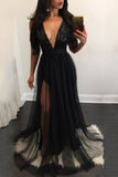 Elegant A Line Sequins Black Tulle V Neck Mesh Patchwork Pleated Maxi Prom Dresses PH629