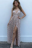 Sexy A-Line Spaghetti Straps Criss-Cross Pearl Pink Lace V Neck Prom Dress With Slit PH625