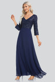 A Line 3/4 Sleeve V-neck Sequins and Chiffon Prom Dresses