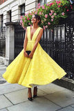 A-Line Deep V-Neck Cute Yellow Tea Length Sleeveless Open Back Lace Prom Dresses UK PH475