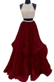 Two Piece High Neck Burgundy Prom Dress Beaded Open Back Evening Gowns PW499