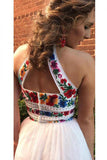 Two Pieces Embroidery Prom Dresses Unique Halter Open Back Formal Dresses with Tulle P1041