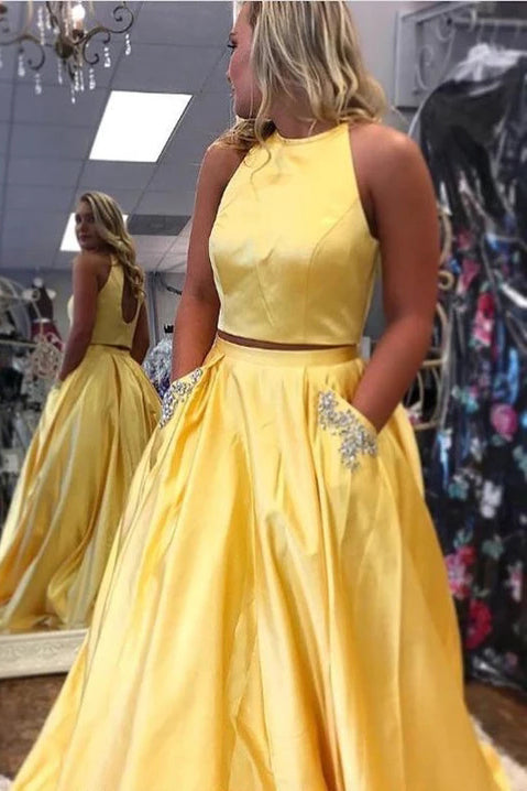 Two Pieces Halter Open Back Yellow Prom Dress with Pockets P1121