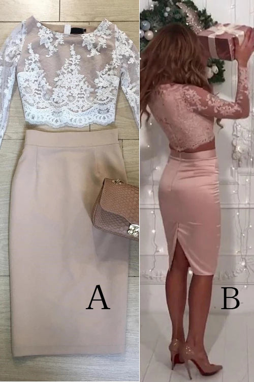 Two Pieces Long Sleeve Lace Knee Length Homecoming Dress Sheath Short Prom Dress H1254